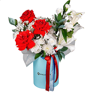 Red rose Nina 50 cm - 5, Gypsophila - 1, Baltica White Spray Chrysanthemum - 1, White spray carnation - 3, Carnation white, cream - 3, Lilies - 1, Round flower box medium, Oasis, Ruscus, Ribbon