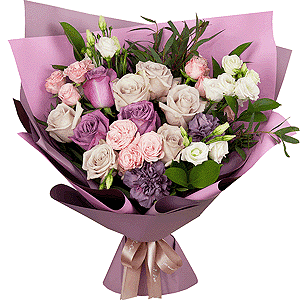Rose Powder 50 cm Ecuador (Quicksand, Menta) - 9, Deep Purple rose - 4, Bright pink spray rose mix, 50 cm - 4, lisianthus - 3, Lilac carnation - 3, Ruscus, Eucalyptus parvifolia (1 pc.), Wrapping Paper