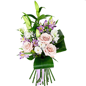 Lilies - 2, lisianthus - 3, Alstromeria lilac, purple - 3, Rose Powder 50 cm Ecuador (Quicksand, Menta) - 5, Limonium (1 pc.), Aspidistra (1 pc.), Ribbon