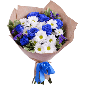 Rose blue - 11, Bacardi White Spray Chrysanthemum - 6, Pittosporum, Blue Statice, Wrapping Paper, Ribbon