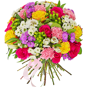 Pink rose 50 cm - 9, Yellow rose 50 cm - 8, Lilac aster - 4, Pink carnation - 5, Santini White Spray Chrysanthemum - 7, Alstromeria white, soft pink - 6, Hypericum, Salal, Ribbon