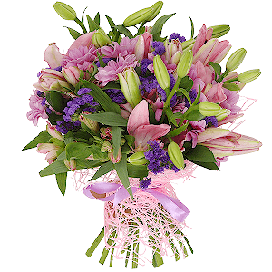 Pink lily - 5, Alstromeria white, soft pink - 7, Bacardi Pink Spray Chrysanthemum - 6, Blue Statice, Ruscus, Mesh (Abaka), Ribbon