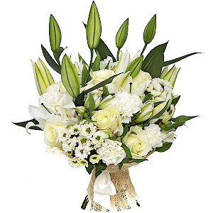 Lilies - 4, White rose 50 cm - 11, Alstromeria white, soft pink - 7, Santini White Spray Chrysanthemum - 6, Carnation white, cream - 6, Sisal, Ribbon