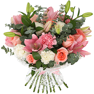 Pink rose 50 cm - 10, Pink lily - 3, Pink carnation - 4, Carnation white, cream - 5, Eucalyptus baby blue (1 pc.), Ruscus, Ribbon, Mesh (Abaka)