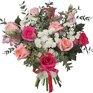 Pink rose 50 cm - 13, Pink Lisianthus (Eustoma) - 4, Athos poms Stallion - 4, Ruscus, Eucalyptus parvifolia (1 pc.), Sisal, Ribbon