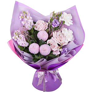 Pink Matthiola - 2, Momoko Chrysanthemum - 3, Rose Powder 50 cm Ecuador (Quicksand, Menta) - 4, Carnation white, cream - 5, Purple Lisianthus (Eustoma) - 3, Dried flowers decor, Wrapping Paper