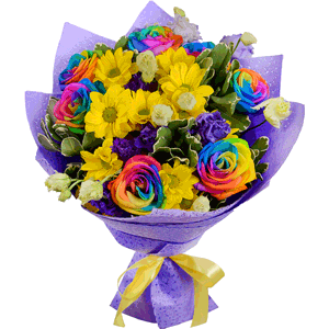 Arrangement  of rainbow roses with yellow chrysanthemums with delivery Kemerovo