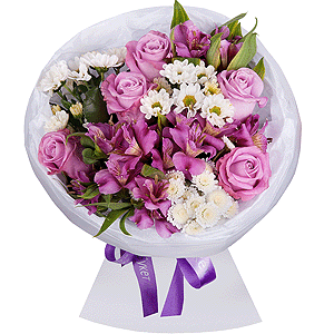 Pink rose 50 cm - 7, Alstromeria lilac, purple - 4, Santini White Spray Chrysanthemum - 4, Athos poms Stallion - 2, Wrapping Paper, Ribbon