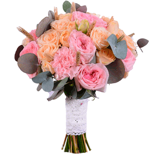 David Austin peonyroses - 9, Spray rose: white, cream, light pink 50 cm - 9, Pink carnation - 4, Eucalyptus Cinerea, Ribbon, Dried flowers decor