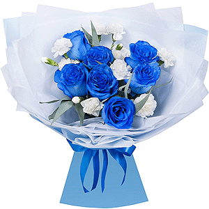 Rose blue - 7, White spray carnation - 12, Eucalyptus, Wrapping Paper