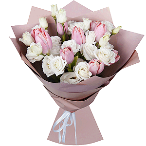 Pink tulip - 13, lisianthus - 4, Wrapping Paper, Ribbon