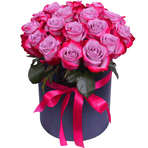 Deep Purple rose - 23, Round flower box small , Oasis, Film, Ribbon