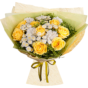 Yellow rose 50 cm - 9, Carnation white, cream - 6, Athos poms Stallion - 5, Pistachio, Wrapping Paper, Ribbon