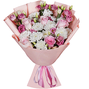 Baltica White Spray Chrysanthemum - 4, Pink Lisianthus (Eustoma) - 4, Pink rose 50 cm - 7, Wrapping Paper