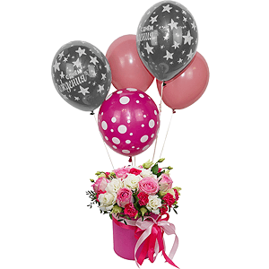 Pink rose 50 cm - 10, lisianthus - 4, Pink spray carnation - 4, Round flower box small , Oasis, Film, Pistachio, Ruscus, Ribbon, Helium Balloon (1 pc.)