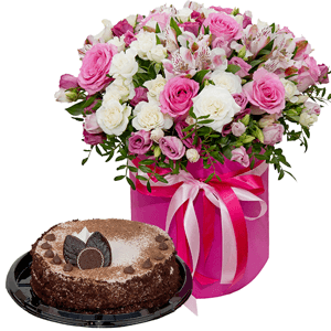 Pink rose 50 cm - 12, Alstromeria white, soft pink - 6, Spray rose: white, cream, light pink 50 cm - 11, Pink Lisianthus (Eustoma) - 6, Round flower box medium, Oasis, Film, Pistachio, Cake in assortment, Ribbon