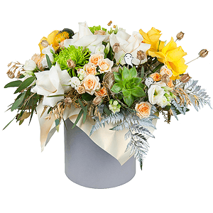 Yellow rose 50 cm - 8, Spray rose: white, cream, light pink 50 cm - 6, lisianthus - 4, Yellow chrysanthemum  single-headed Anastasia - 3, Round flower box medium, Oasis, Fern (1 pc.), Eucalyptus populus (1 pc.), Wrapping Paper, Echeveria small, Dried flowers decor, Decorative element small