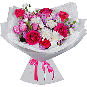 Baltica White Spray Chrysanthemum - 4, Pink rose 50 cm - 5, Peony sprayrose - 1, Pink carnation - 6, White spray carnation - 5, Pink Statice, Wrapping Paper