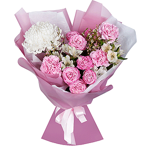 Chrysanthemum white Bigoudi - 1, Peony sprayrose - 2, Pink carnation - 5, Alstromeria white, soft pink - 4, Waxflower (1 pc.), Wrapping Paper
