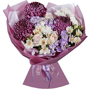 Chrysanthemum Bigoudi purple - 3, Matthiola Lilac - 2, Alstromeria white, soft pink - 11, Peony style roses - 3, Baltica White Spray Chrysanthemum - 2, Wrapping Paper