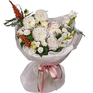 White Dahlia - 5, White Gladiolus - 2, Peony style roses - 3, lisianthus - 2,  White Hydrangea - 1, Spray rose: white, cream, light pink 50 cm - 6, Astilbe, Asparagus setaceus (1 pc.), Pistachio, Wrapping Paper