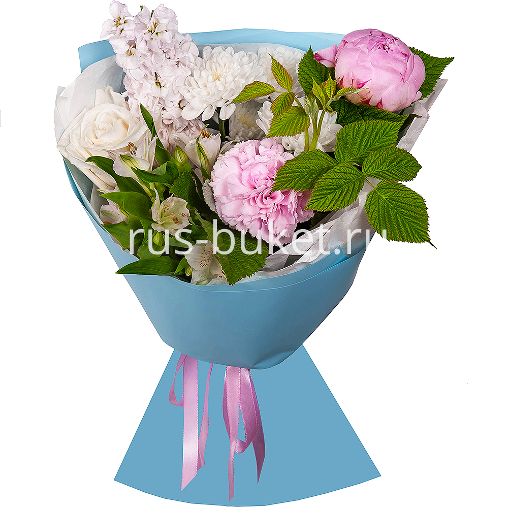 Peony pink - 1, Pink carnation - 3, White Matthiola - 1, Baltica White Spray Chrysanthemum - 1, Alstromeria white, soft pink - 3, White rose 50 cm Ecuador - 1,  Raspberry branch, Wrapping Paper