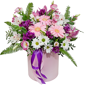 Gerbera pink - 5, White Cymbidium Orchid Bud - 9, Purple Lisianthus (Eustoma) - 6, Alstromeria lilac, purple - 5, Bacardi White Spray Chrysanthemum - 5, Round flower box medium, Oasis, Film, Flask for orchids, Ribbon, Pistachio, Ambrella