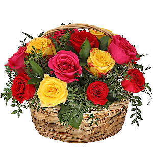 Red rose 50 cm - 9, Yellow rose 50 cm - 8, Pink rose 50 cm - 7, Ruscus, Pistachio, Oasis, Medium Basket