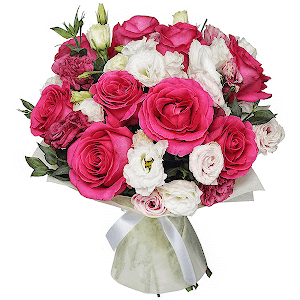 lisianthus - 13, Rose Fuchsia 50 cm Ecuador (Pink Floyd, Topaz, Cherry Lady, Gotcha) - 11, Felt, Ribbon