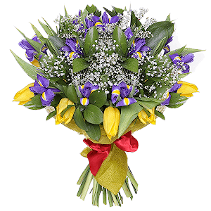 Irises - 13, Yellow tulip - 15, Gypsophila - 2, Ruscus, Felt, Ribbon