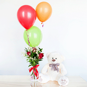 Red rose 50 cm - 5, Chamomile - 3, Aspidistra (1 pc.), Ruscus, Ribbon, Helium Balloon (1 pc.), Taddy Bear 45 cm