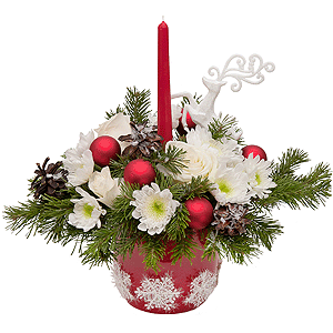 White rose 50 cm - 5, Baltica White Spray Chrysanthemum - 2, Spruce branches (1pc.), Oasis, Ceramic pot, Christmas decor (set), Candle
