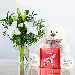 Gift set "Lilies, teddy bear and sweets" with delivery Kemerovo