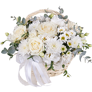 White rose 50 cm - 9, Santini White Spray Chrysanthemum - 2, lisianthus - 3, Baltica White Spray Chrysanthemum - 2, Small Basket, Oasis, Eucalyptus Cinerea, Ribbon