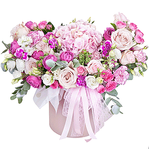 Pink Hydrangea - 1, Pink rose 50 cm - 8, Rose Powder 50 cm Ecuador (Quicksand, Menta) - 7, Spray peony rose Misty Bubbles, 50 cm - 5, Carnation white, cream - 8, White Matthiola - 4, lisianthus - 5, Bright pink spray rose mix, 50 cm - 6, Pink spray carnation - 4, Round flower box medium, Oasis, Eucalyptus Cinerea, Sedum, Wrapping Paper