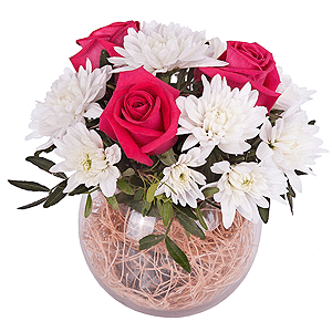 Pink rose 50 cm - 5, Baltica White Spray Chrysanthemum - 2, Transparent vase, Oasis, Sisal, Pistachio