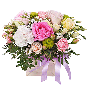 Carnation white, cream - 3, Rose Powder 50 cm Ecuador (Quicksand, Menta) - 1, Spray rose: white, cream, light pink 50 cm - 1, Athos pom Feeling Green - 2, Pink rose 50 cm - 2, lisianthus - 1, Oasis, Wrapping Paper, Pistachio, White statice