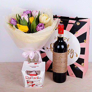 Gift set "Tulips, sweets and non-alcoholic wine" with delivery Kemerovo