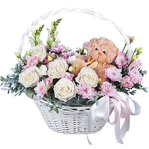White Matthiola - 2, White rose 50 cm - 7, Baltica Pink Spray Chrysanthemum - 3, White spray carnation - 3, Pink Lisianthus (Eustoma) - 2, Medium Basket, Oasis, Pistachio, Teddy bear 20 cm, Ribbon