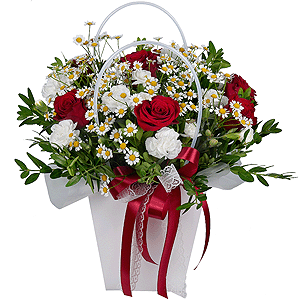 Red rose 50 cm - 8, White spray carnation - 5, Chamomile - 3, Flower bag, Pistachio, Ribbon, Oasis