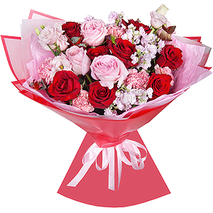Peony rose pink 'OHara' - 5, Red rose 50 cm - 12, Pink Matthiola - 5, Pink carnation - 9, Pink Lisianthus (Eustoma) - 2, Eucalyptus, Wrapping Paper