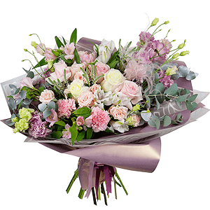 Bright pink spray rose mix, 50 cm - 6, Alstromeria white, soft pink - 8, Lilac carnation - 2, Pink Lisianthus (Eustoma) - 7, White rose 50 cm - 5, Pink rose 50 cm - 5, Pink carnation - 2, Veronica spray, Dried flowers in assortment, Wrapping Paper, Eucalyptus Cinerea
