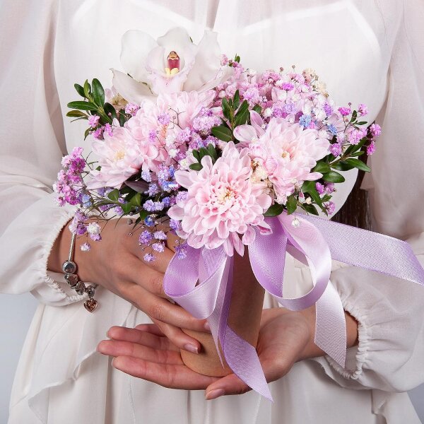 Baltica Pink Spray Chrysanthemum - 2, Colored gypsophila - 2, White Cymbidium Orchid Bud - 1, Cardboard pot (cup), Oasis, Pistachio, Flask for orchids, Ribbon
