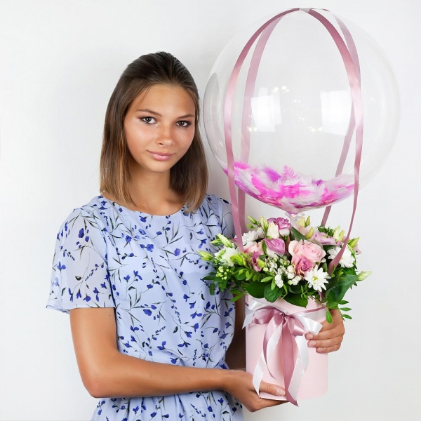 Pink rose 50 cm - 5, Pink Lisianthus (Eustoma) - 5, Bacardi White Spray Chrysanthemum - 2, Round flower box small , Oasis, Film, Pistachio, Ruscus,  Bouvardia, Ribbon, Transparent balloon Bubble with filling