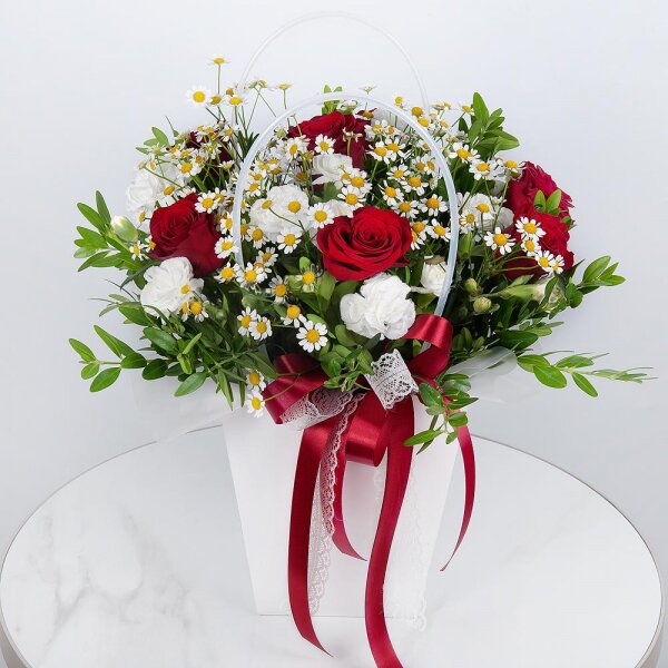 Red rose 50 cm - 8, White spray carnation - 5, Chamomile - 3, Flower bag, Pistachio, Ribbon, Oasis