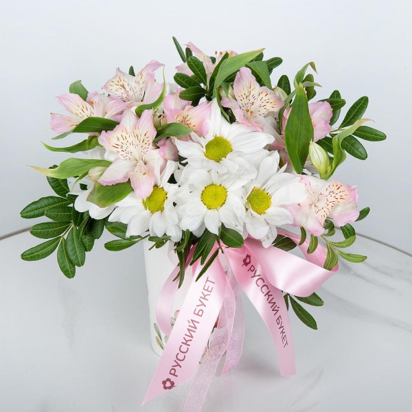 Bacardi White Spray Chrysanthemum - 1, Alstromeria white, soft pink - 6, Cardboard pot (cup), Oasis, Ribbon, Pistachio