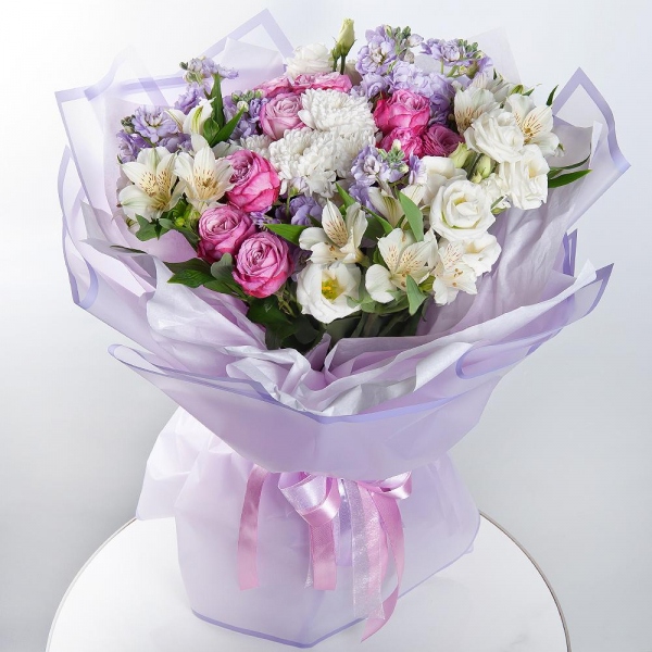 Matthiola Lilac - 3, Baltica White Spray Chrysanthemum - 1, Peony sprayrose - 3, Alstromeria white, soft pink - 6, lisianthus - 2, Wrapping Paper