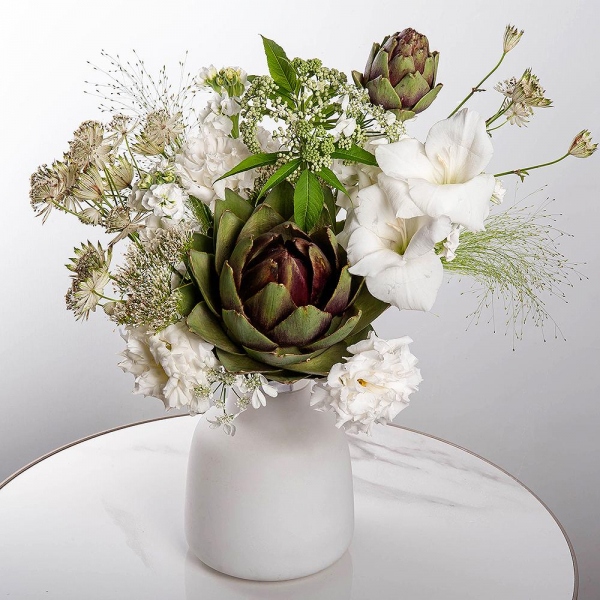 White Gladiolus - 1, lisianthus - 2, White Matthiola - 5, Artichoke, Sedum, Panicum, Ribbon