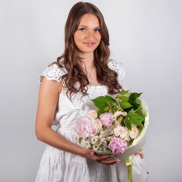 Peony pink - 3, Baltica White Spray Chrysanthemum - 1, Chamomile - 2, Spray rose: white, cream, light pink 50 cm - 2, Alstromeria white, soft pink - 5, Santini White Spray Chrysanthemum - 1,  Raspberry branch, Wrapping Paper