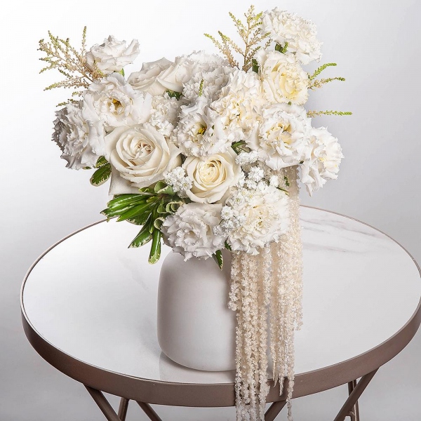 White rose 50 cm Ecuador - 7, Carnation white, cream - 7, lisianthus - 5, Gypsophila - 1, Salal, Astilbe, Amaranth stabilized, Ribbon